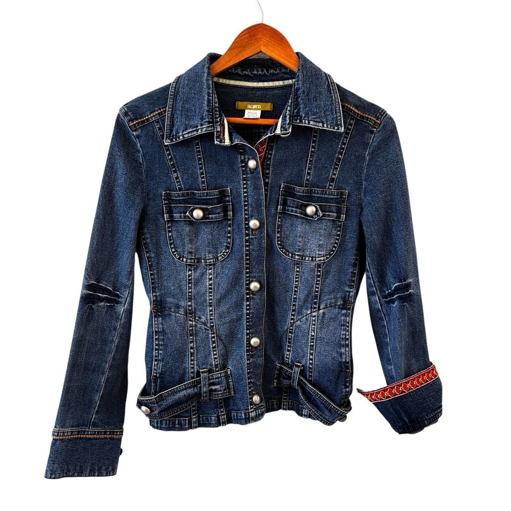 Acorn‎ Military Jean Jacket Womens Size M Boho Denim Pleated Y2K Indie Cropped
